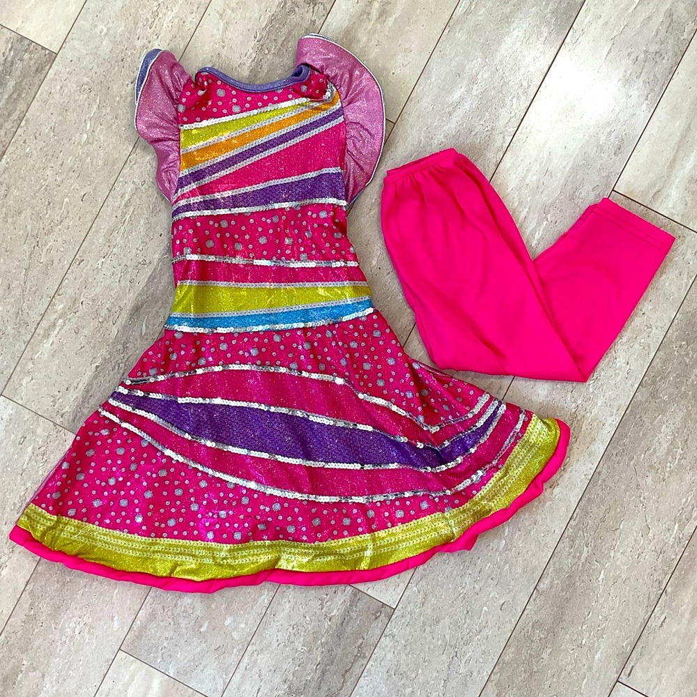 Disney Pink Multicolor Sequin Twirl Dress with Hot Pink Leggings